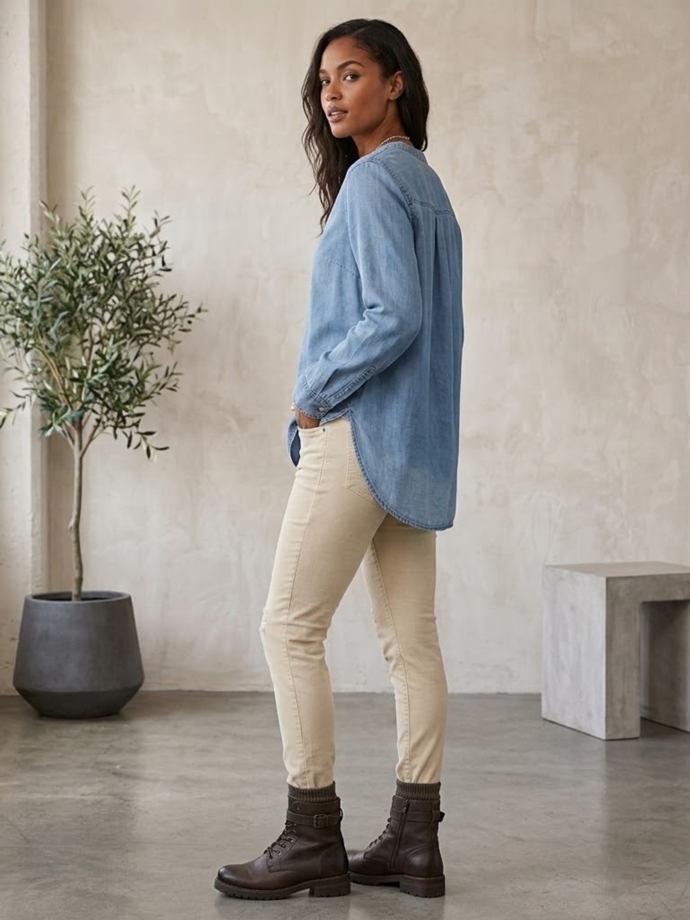 LOFT Softened Medium Blue Chambray Linen Blend Henley Tunic Top Size Medium